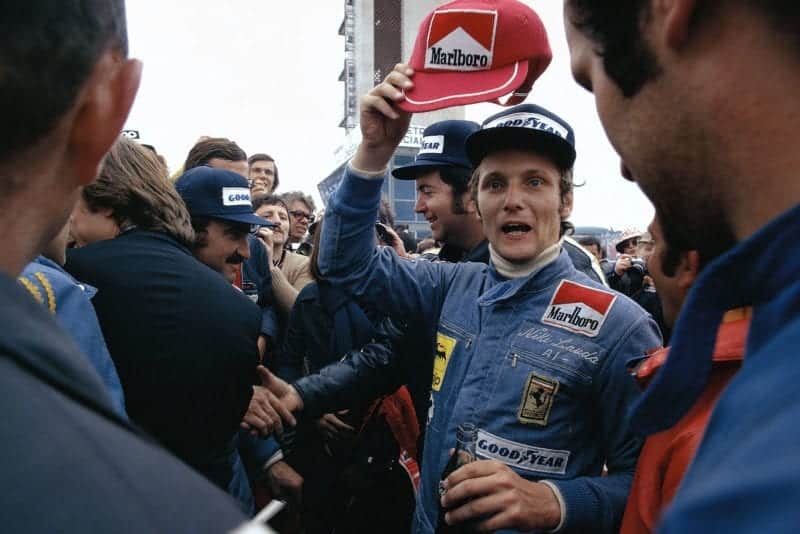 Niki Lauda (Ferrari) celebrates winning the 1974 Spanish Grand Prix