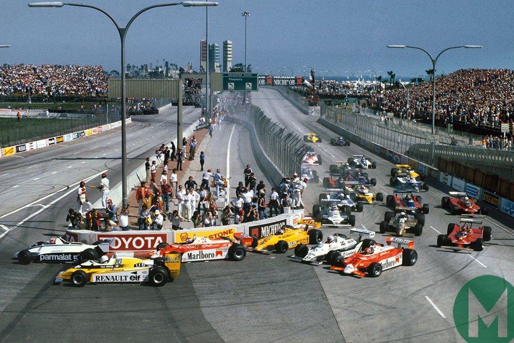 Ground effect design dominated F1 in the early 1980s - this is the start of the 1980 Long Beach Grand Prix 
