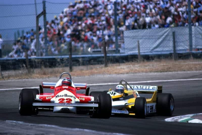 Mario Andretti (Alfa Romeo 179C) leads Alain Prost (Renault RE30).