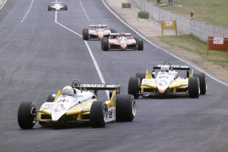 Rene Arnoux leads Alain Prost (both Renault RE30B), Gilles Villeneuve and Didier Pironi (both Ferrari 126C2).
