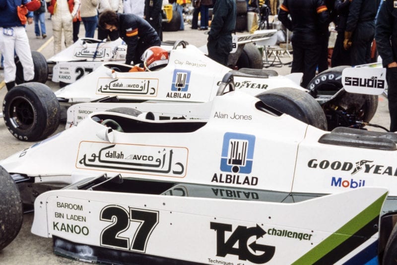 Williams FW07s in the pits at the 1979 US Grand Prix