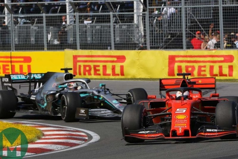 Sebastian Vettel and Lewis Hamilton battle it out for victory at the 2019 Canadian Grand Prix