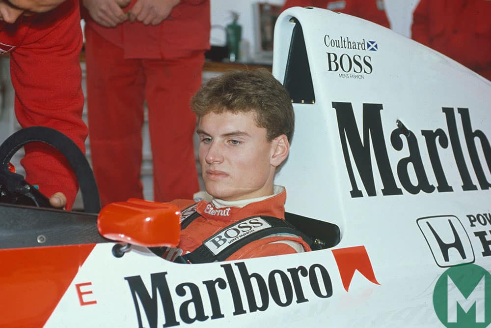 David Coulthard testing a McLaren Formula 1 car in 1989 after winning the BRDC Young Driver Award