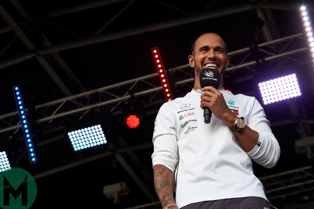 Lewis Hamilton addresses the Silverstone crowd at the 2019 British Grand Prix