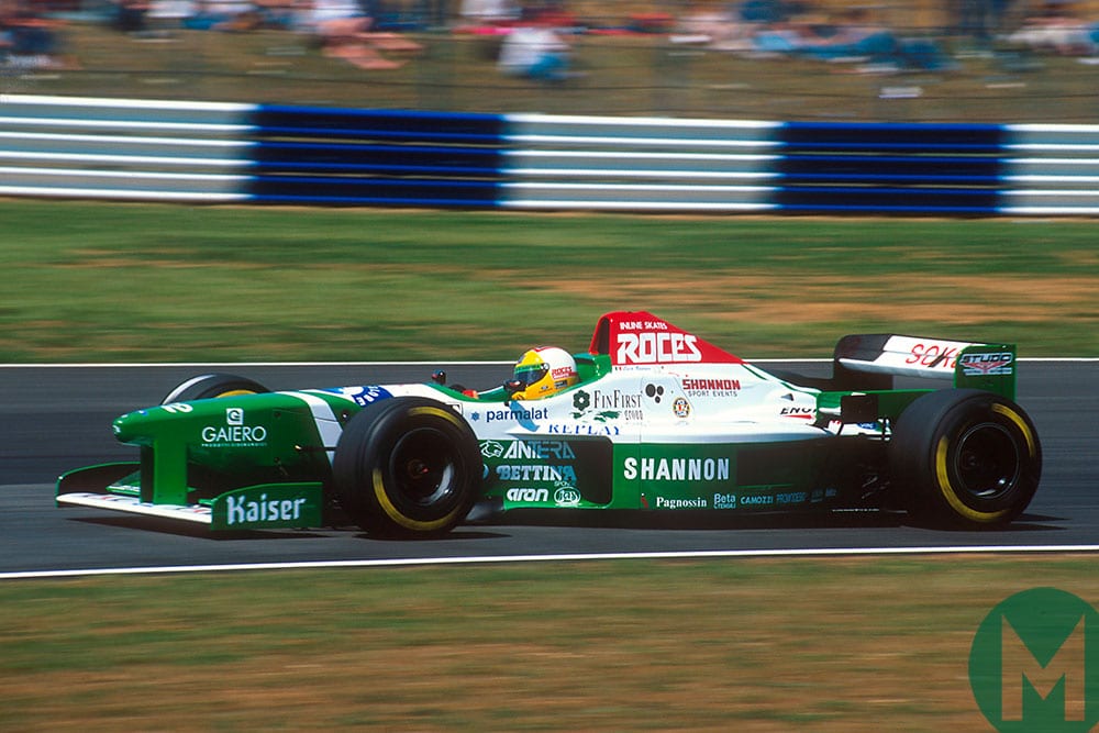 Luca Badoer in a Shannon-sponsored Forti at Silverstone in 1996