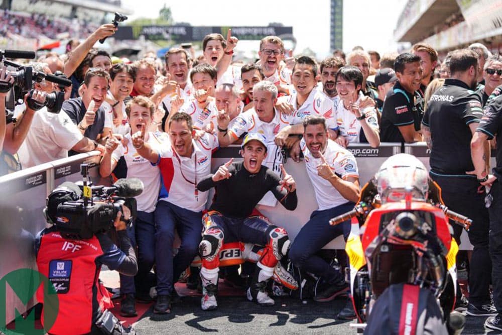 Marquez celebrates with the Honda team