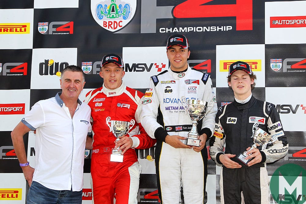 Martin Donnelly on the F4 podium at Snetterton in 2015