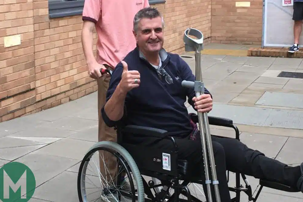 Martin Donnelly gives the thumbs-up as he starts his recovery from his recent motorbike accident