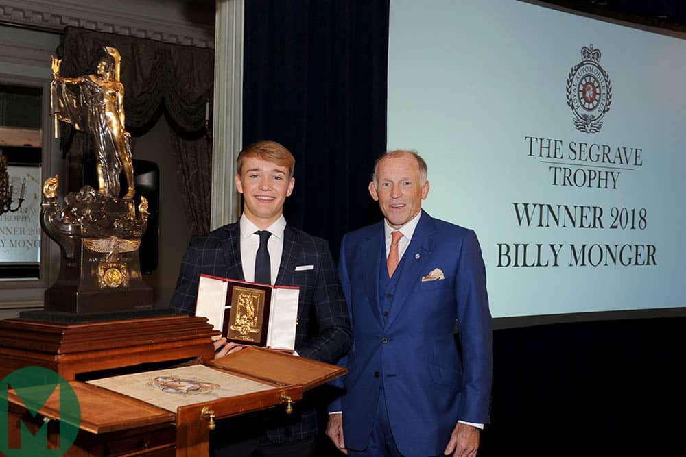 Billy Monger is presented with the Segrave Trophy