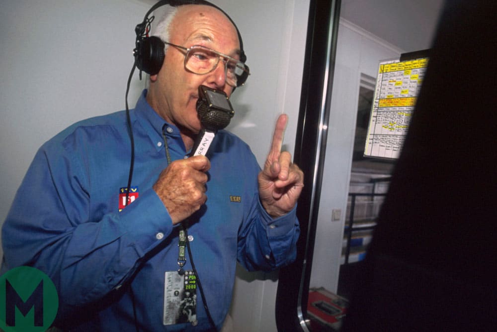 Murray Walker in the ITV commentary booth during his tenure as commentator on Formula 1