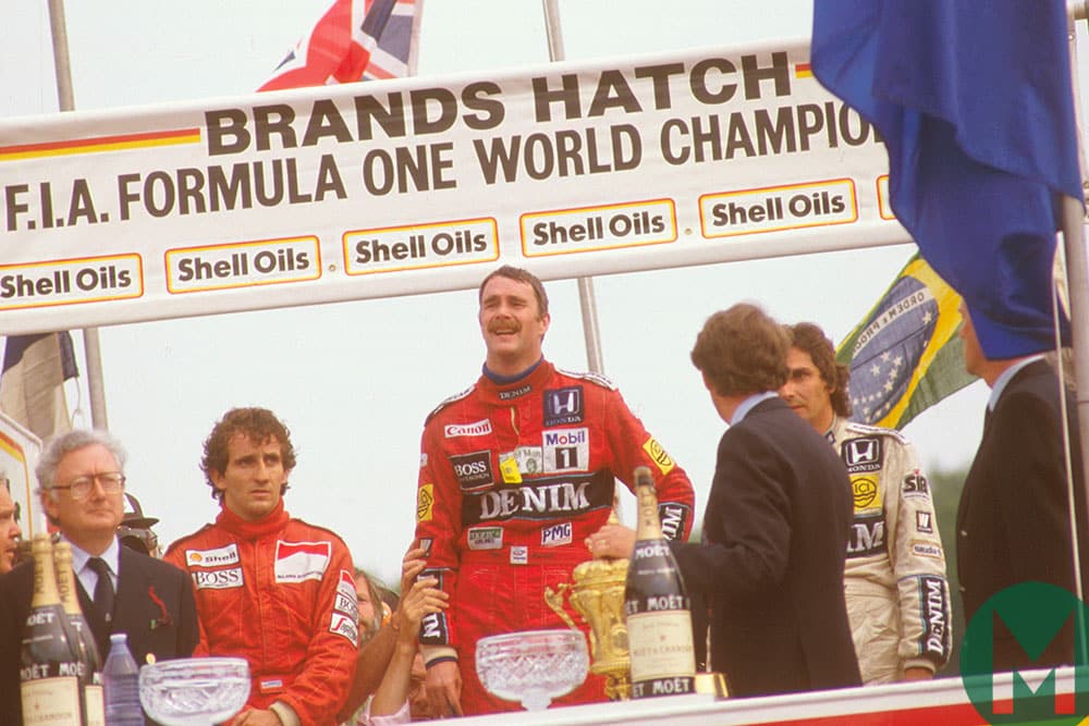 Nigel Mansell, Williams team-mate Nelson Piquet and McLaren's Alain Prost on the 1986 British Grand Prix podium