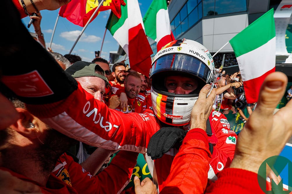 Sebastian Vettel celebrates 2018 British Grand Prix victory with the Ferrari team