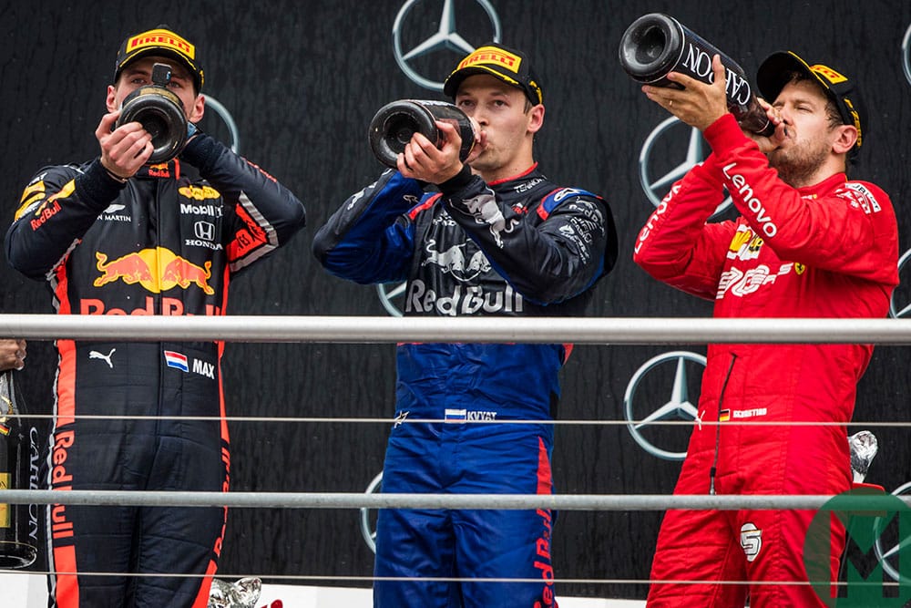 Verstappen, Kvyat and Vettel toast their podium finishes German GP 2019