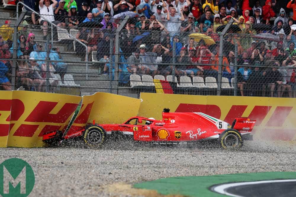 Sebastian Vettel crashes out of the lead of the 2018 German Grand Prix