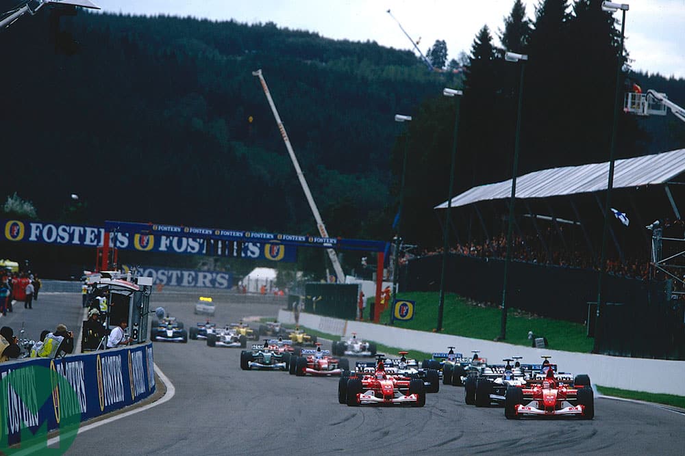 Michael Schumacher leads the pack at the start of the 2002 Belgian Grand Prix