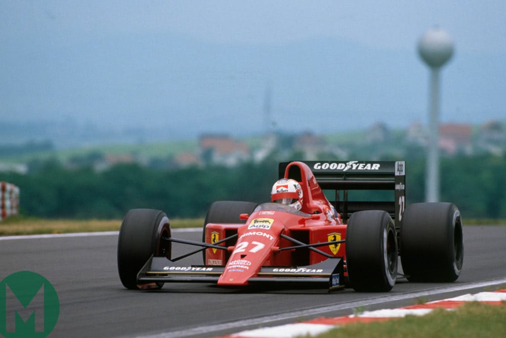Nigel Mansell on the way to magnificent victory in the 1989 Hungarian Grand Prix in his Ferrari
