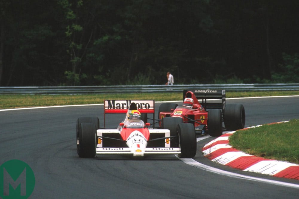 Mansell shadows Ayrton Senna's McLaren-Honda in first place