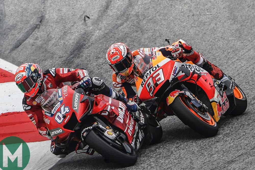 Andrea Dovizioso passes Marc Marquez to take the lead of the 2019 MotoGP Austrian Grand Prix