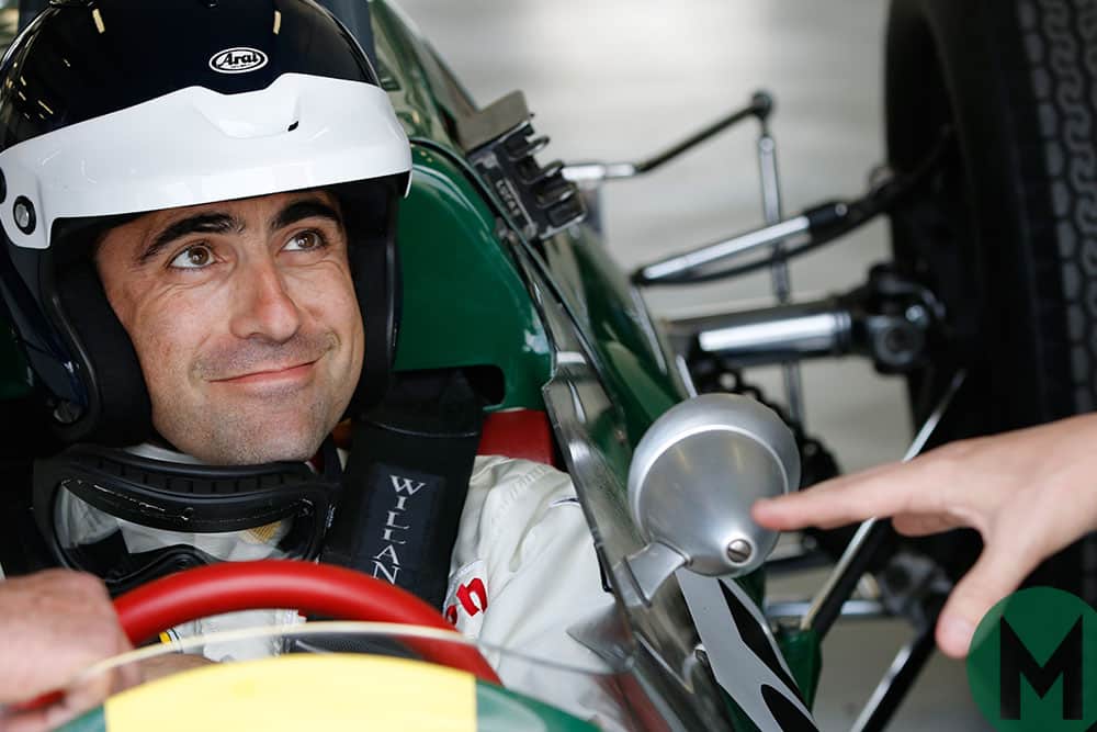 Dario Franchitti in a Lotus 25 taking part in the legends parade at the 2014 British Grand Prix