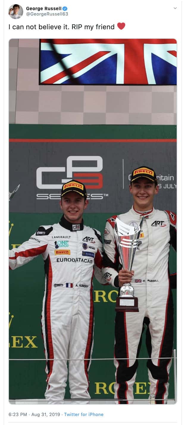 George Russell Tweets in tribute to Anthoine Hubert
