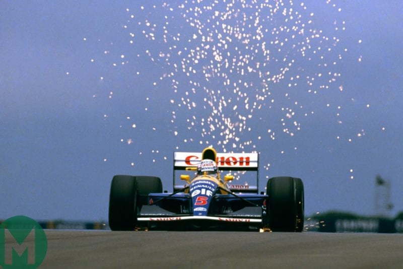 Nigel Mansell on the way to victory at the 1991 British Grand Prix