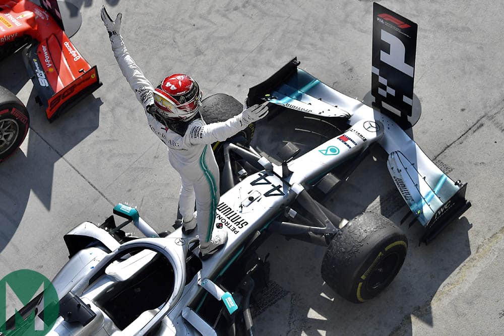 Lewis Hamilton celebrates after winning the 2019 Hungarian Grand Prix