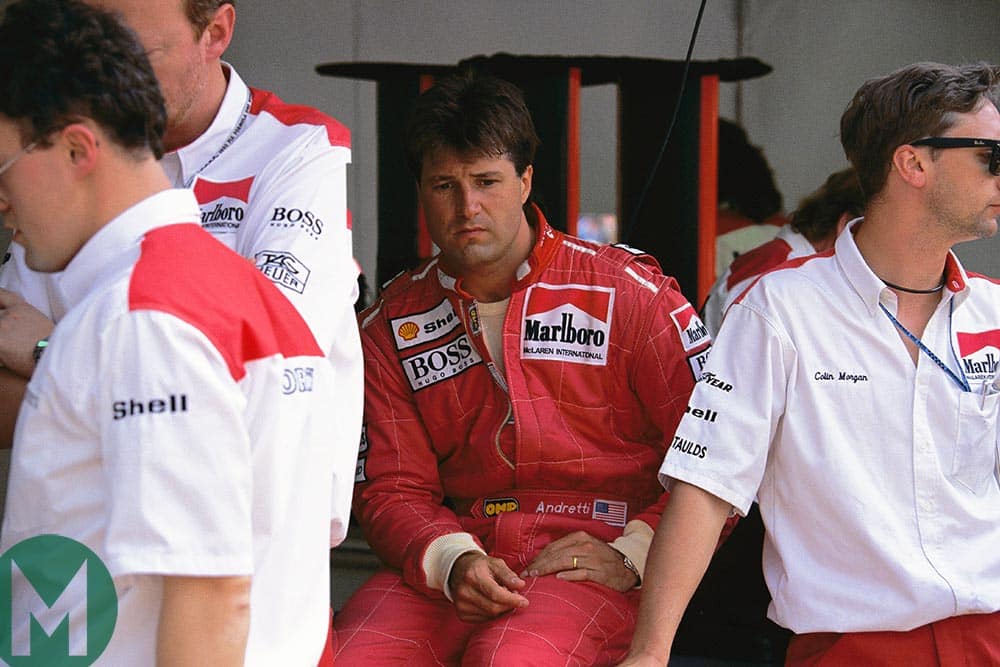 Michael Andretti in the McLaren pits during the 1993 F1 season