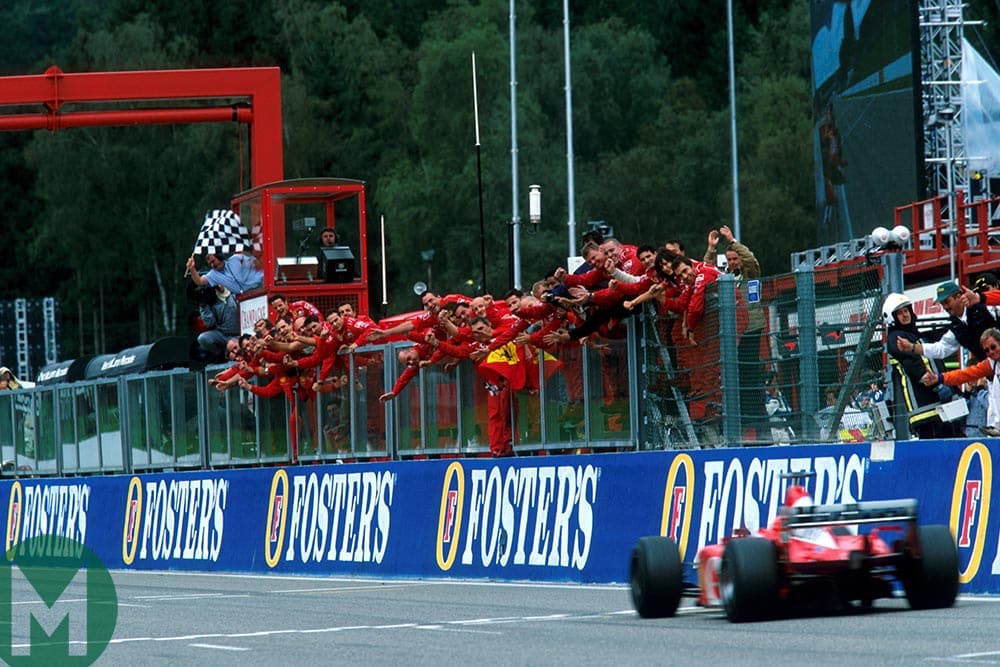 Michael Schumacher crosses the finish line to win the 2002 Belgian Grand Prix