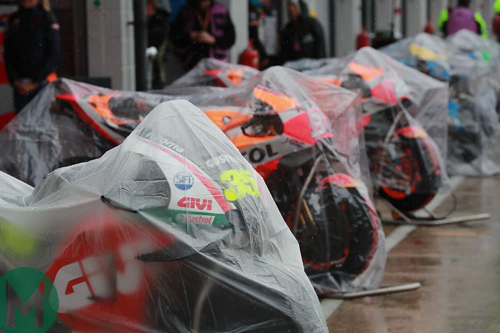 Motorbikes under rain covers at the 2018 MotoGP British Grand Prix at Silverstone
