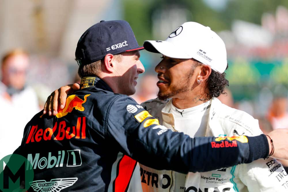 Max Verstappen congratulates Lewis Hamilton after the 2019 Hungarian Grand Prix