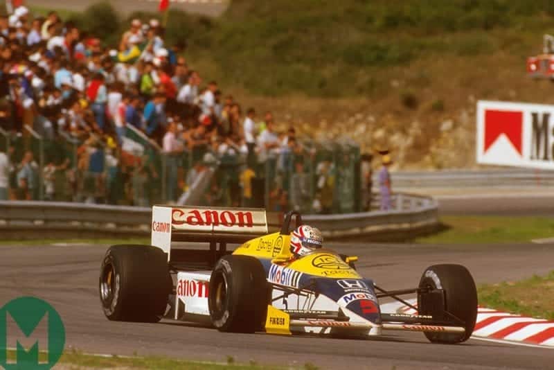 Mansell negotiates an Estoril turn on his way to the 1986 Portuguese Grand Prix win
