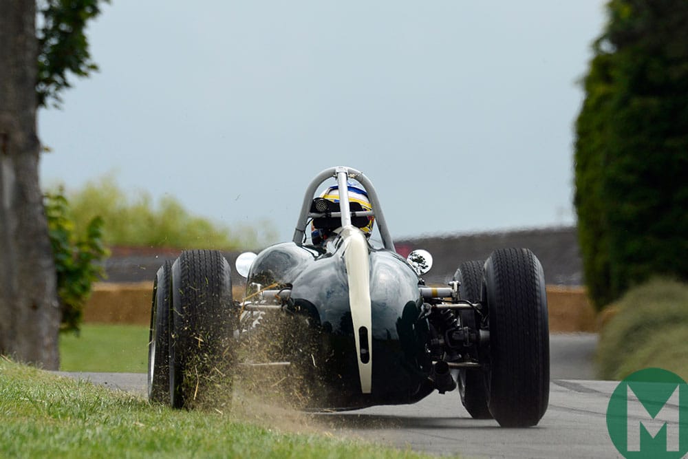 William Nuthall kicks up some grass in the Cooper T53 at Chateau Impney