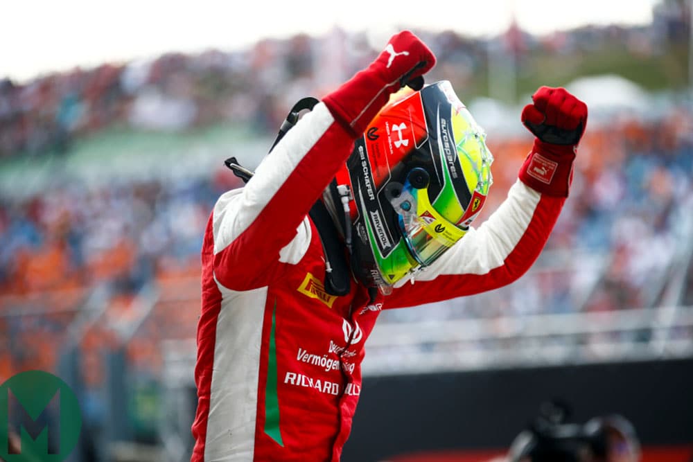 Mick Schumacher celebrates his first Formula 2 victory, winning the Hungarian Grand Prix Sprint Race