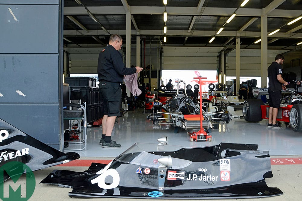 A scene from the Silverstone Classic paddock, including a classic 1970s F1 Shadow