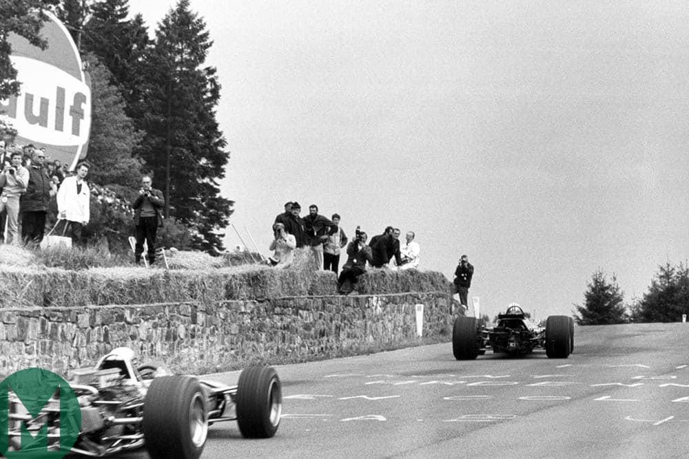 John Surtees leads Jackie Stewart at the 1968 Belgian Grand Prix