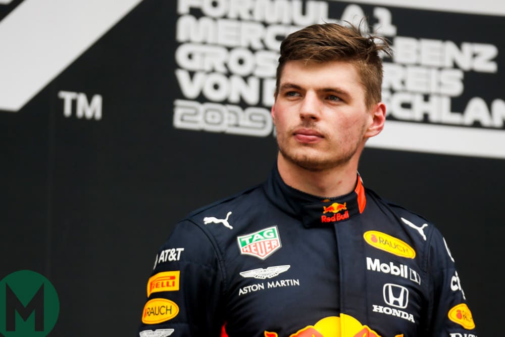 Max Verstappen on the podium after winning the 2019 German Grand Prix