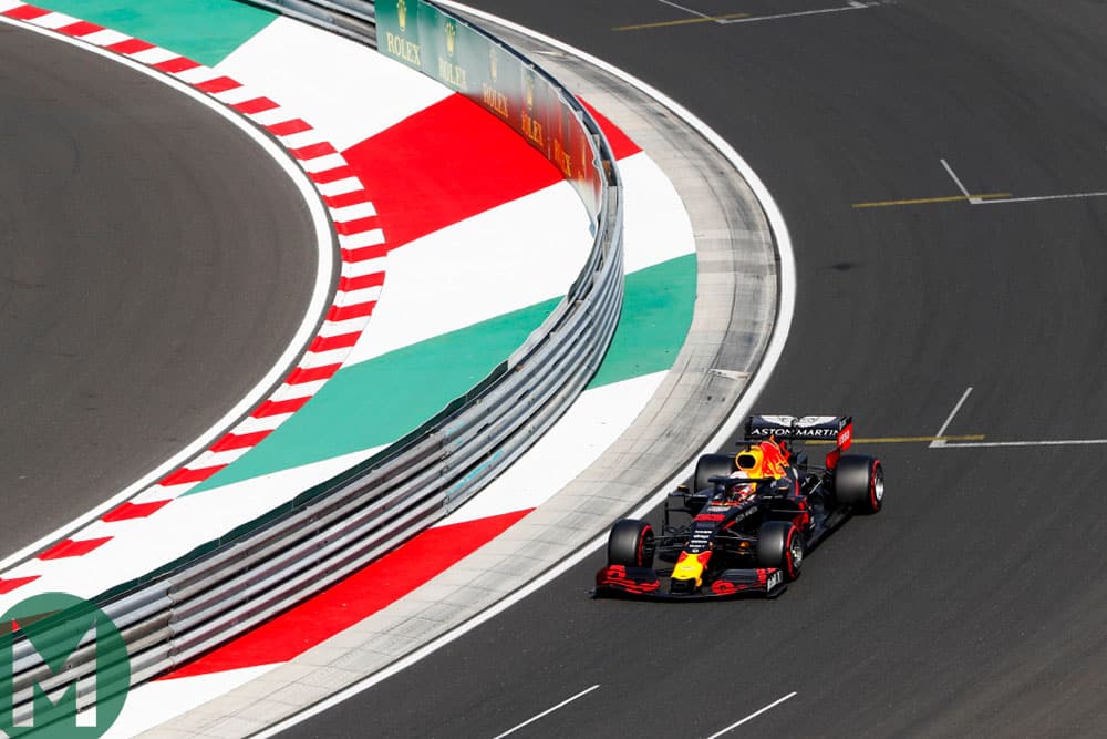 Max Verstappen in the final corner of the Hungaroring during qualifying for the 2019 Hungarian Grand Prix