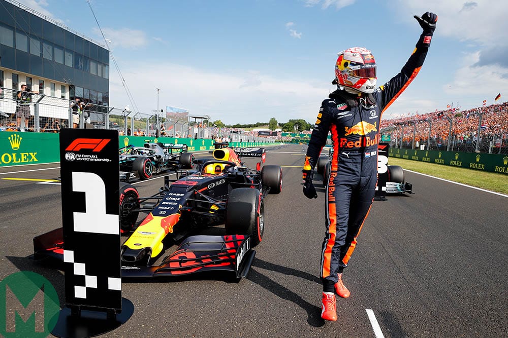 Max Verstappen celebrates his first pole position at the 2019 Hungarian Grand Prix
