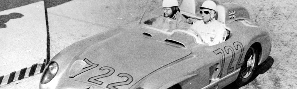 Stirling Moss and Denis Jenkinson in the Mercedes during the 1955 Mille Miglia