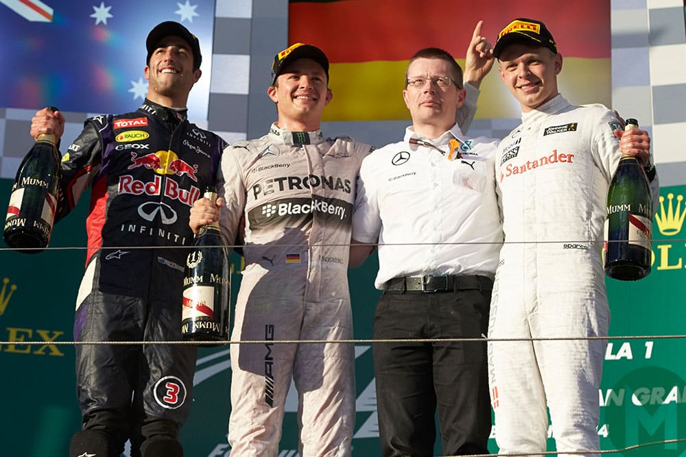 Podium celebrations t the 2014 Australian Grand Prix, with Nico Rosberg, Daniel Ricciardo and Kevin Magnussen 