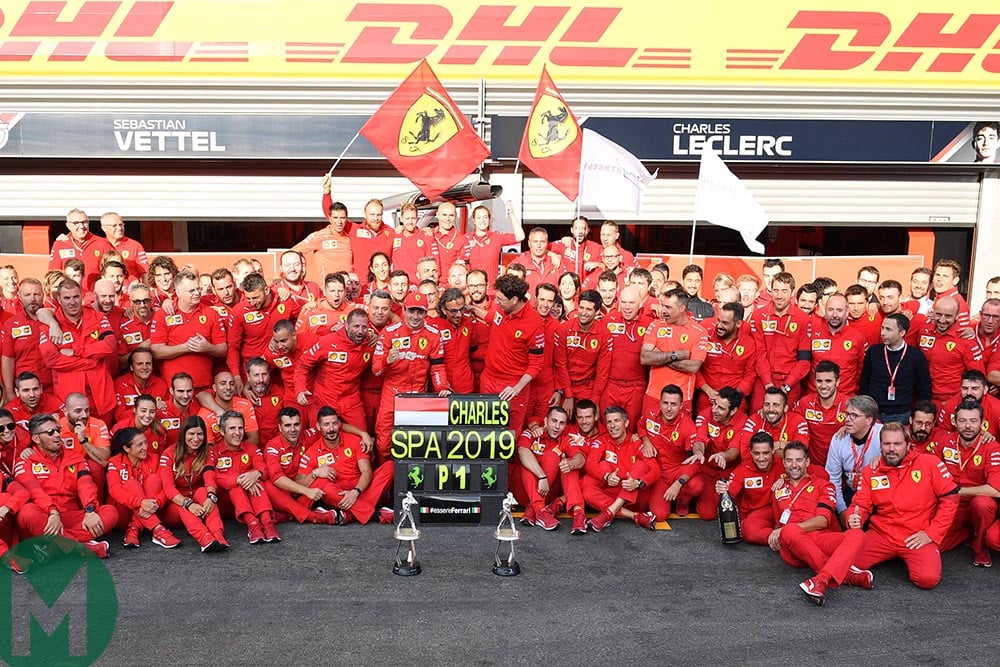 Ferrari team photo after Charles Leclerc won the 2019 Belgian Grand Prix