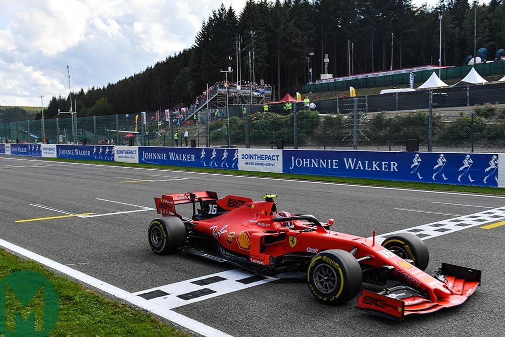 Charles Leclerc crosses the finish line to win the 2019 F1 Belgian Grand Prix