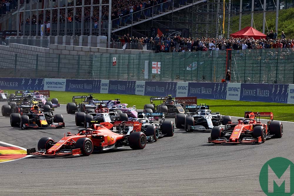 Cars negotiate the La Source hairpin at the start of the 2019 F1 Belgian Grand Prix