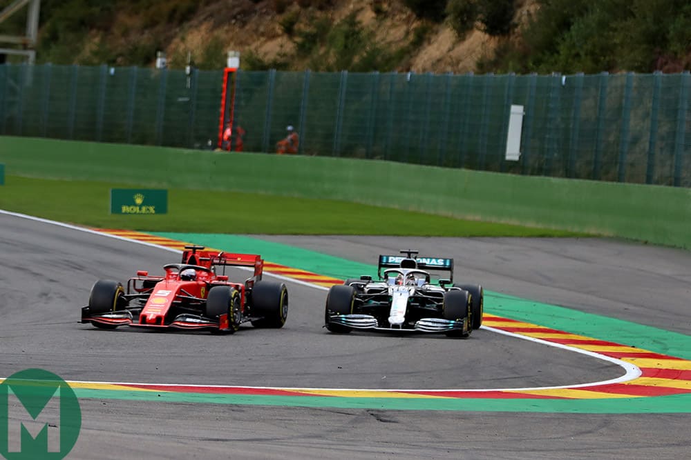 Sebastian Vettel blocks Lewis Hamilton at the 2019 Belgian Grand Prix