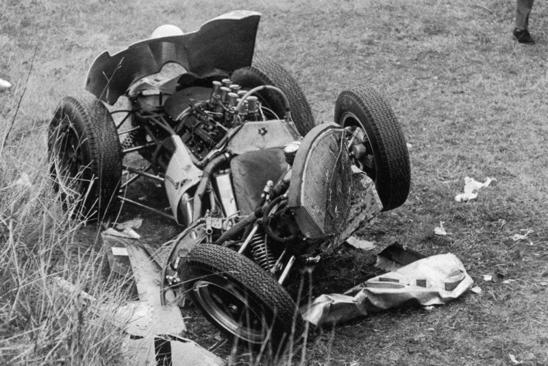 The remains of Stirling Moss's Lotus CLimax V8 after his 1962 Goodwood crash