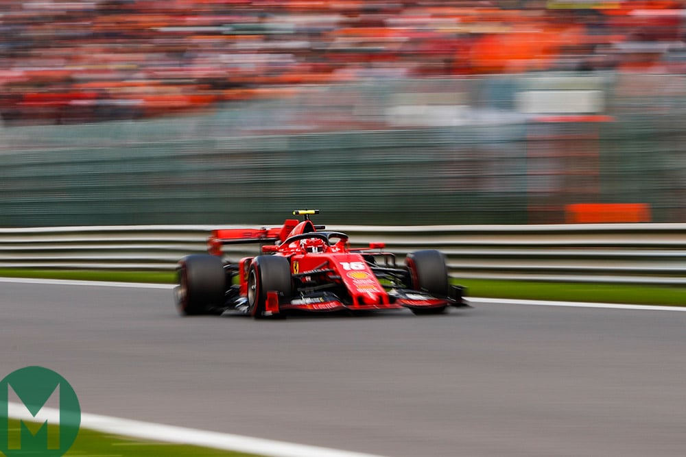 Charles Leclerc powers down a straight at the 2019 Belgian Grand Prix