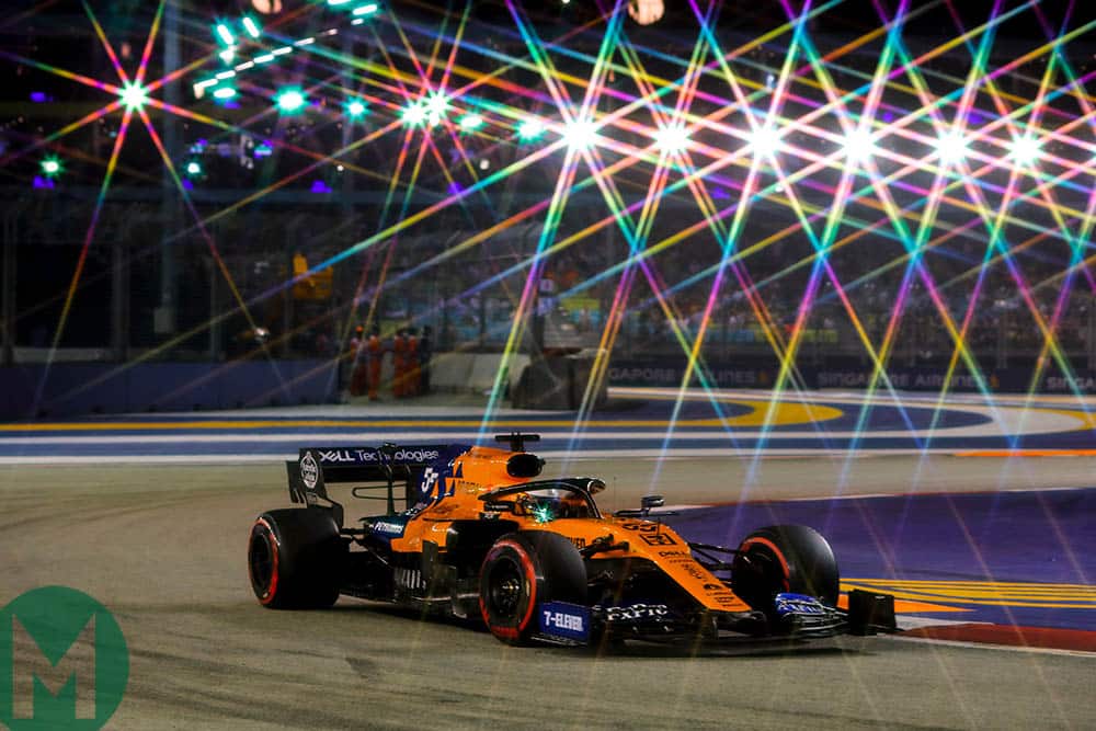 Carlos Sainz under the Marina Bay floodlights during qualifying for the 2019 F1 Singapore Grand Prix