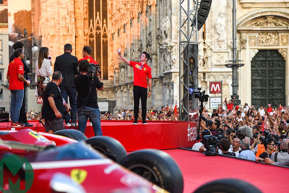 Charles Leclerc takes a selfie in front of a huge Milan crowd to celebrate Ferrari's 90th  birthday ahead of the 2019 Italian Grand Prix