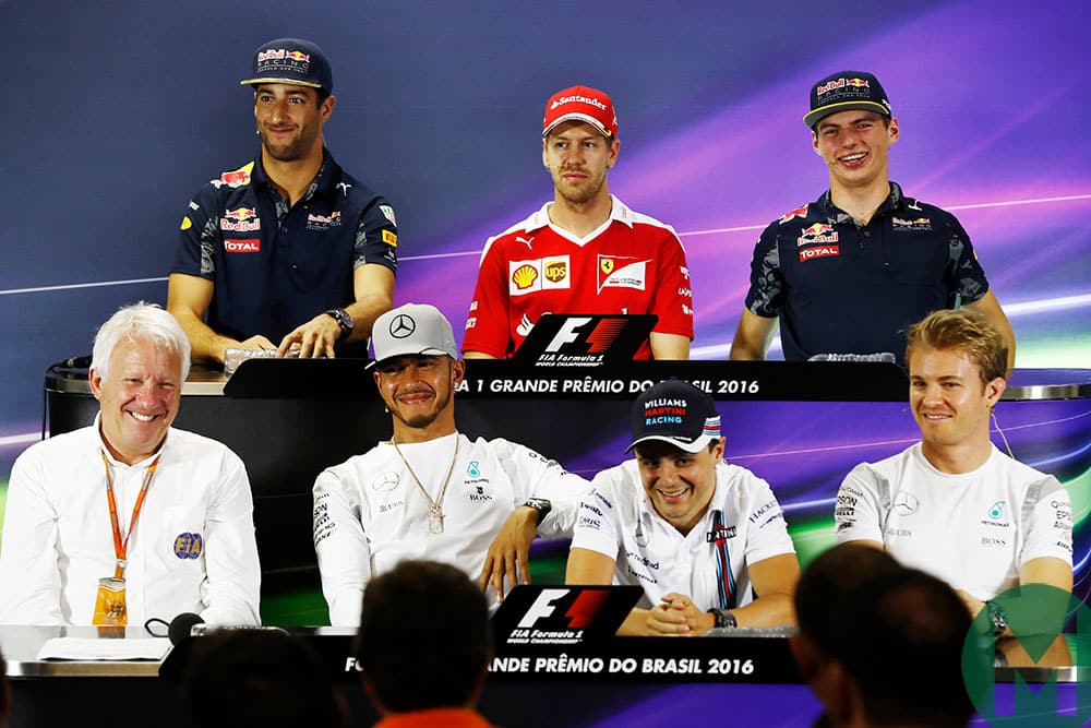 Charlie Whiting next to Lewis Hamilton at the drivers' press conference ahead of the 2016 Brazilian Grand Prix