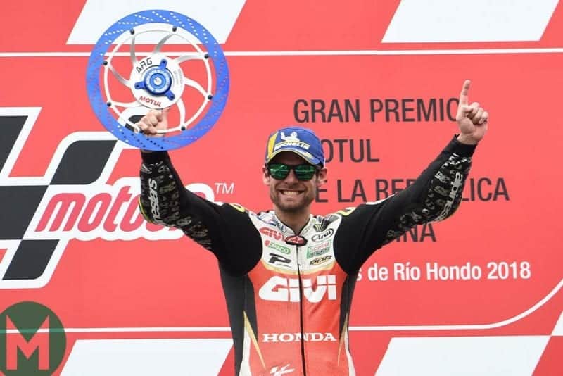 Cal Crutchlow celebrates his most recent MotoGP win at Argentina in 2018